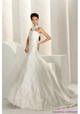 Elegant Beading White Wedding Dresses with Brush Train and Lace