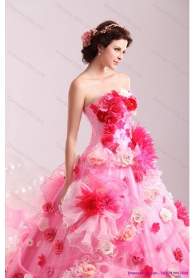 Elegant Multi Color Strapless Wedding Gown with Hand Made Flower and Chapel Train