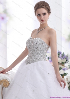 Elegant Sweetheart Floor Length White Wedding Dresses with Brush Train and Rhinestones