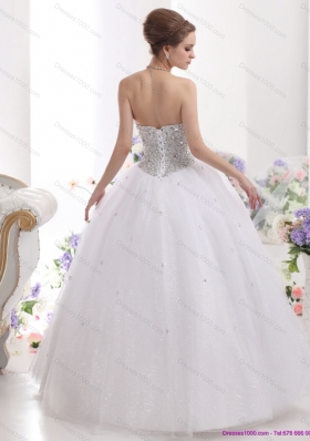 Elegant Sweetheart Floor Length White Wedding Dresses with Brush Train and Rhinestones