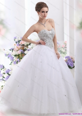 Elegant Sweetheart Floor Length White Wedding Dresses with Brush Train and Rhinestones