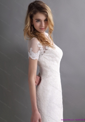 Elegant V Neck Lace Wedding Dress with Short Sleeves