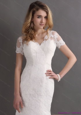 Elegant V Neck Lace Wedding Dress with Short Sleeves