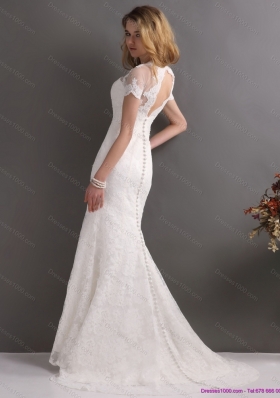 Elegant V Neck Lace Wedding Dress with Short Sleeves