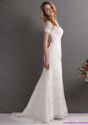 Elegant V Neck Lace Wedding Dress with Short Sleeves