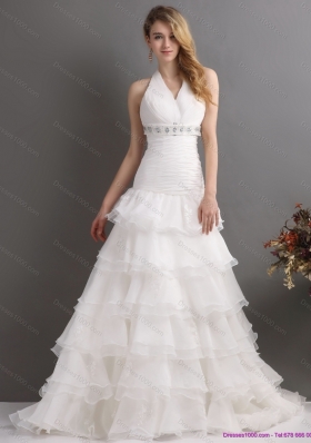 Elegant White Halter Top Beading Wedding Dresses with Ruffled Layers and Brush Train