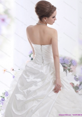 Elegant White Strapless Ruffles Bridal Gowns with Chapel Train and Hand Made Flower