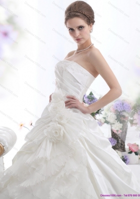 Elegant White Strapless Ruffles Bridal Gowns with Chapel Train and Hand Made Flower