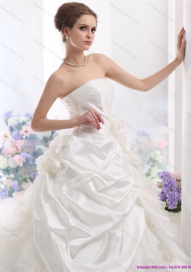 Elegant White Strapless Ruffles Bridal Gowns with Chapel Train and Hand Made Flower