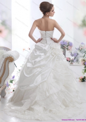 Elegant White Strapless Ruffles Bridal Gowns with Chapel Train and Hand Made Flower