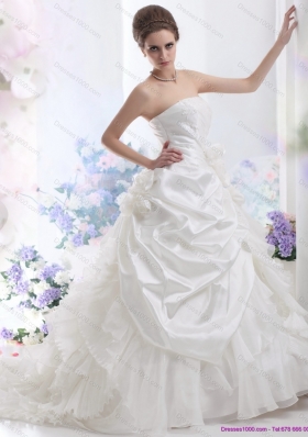 Elegant White Strapless Ruffles Bridal Gowns with Chapel Train and Hand Made Flower