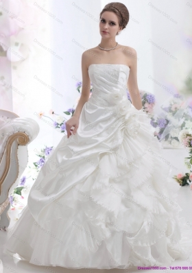 Elegant White Strapless Ruffles Bridal Gowns with Chapel Train and Hand Made Flower