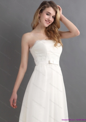 Elegant White Strapless Wedding Dresses with Brush Train and Sash