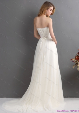 Elegant White Strapless Wedding Dresses with Brush Train and Sash