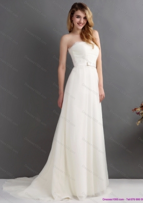 Elegant White Strapless Wedding Dresses with Brush Train and Sash