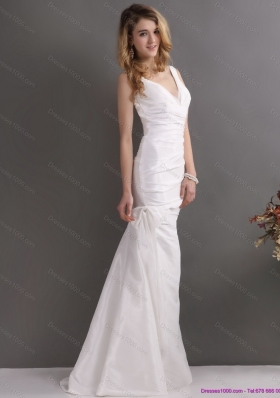 Elegant White V Neck Ruching Bridal Dresses with  Brush Train