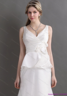 Ruching White V Neck Ruffled 2015 Wedding Dresses with Brush Train