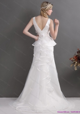 Ruching White V Neck Ruffled 2015 Wedding Dresses with Brush Train