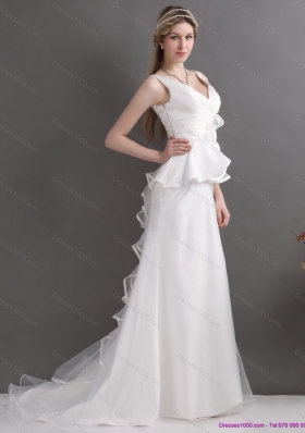 Ruching White V Neck Ruffled 2015 Wedding Dresses with Brush Train