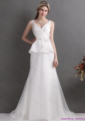 Ruching White V Neck Ruffled 2015 Wedding Dresses with Brush Train