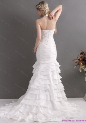 Unique White Halter Top Mermaid Wedding Dresses with Ruffled Layers and Ruching