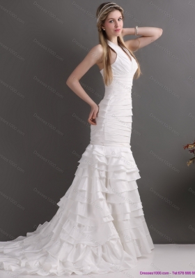 Unique White Halter Top Mermaid Wedding Dresses with Ruffled Layers and Ruching