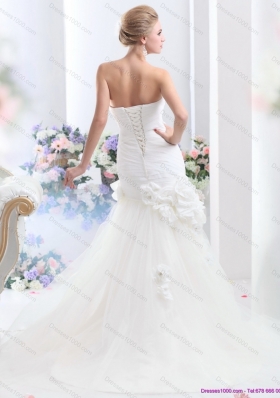 White BrushTrain Strapless Mermaid Wedding Dresses with Ruching and Hand Made Flowers