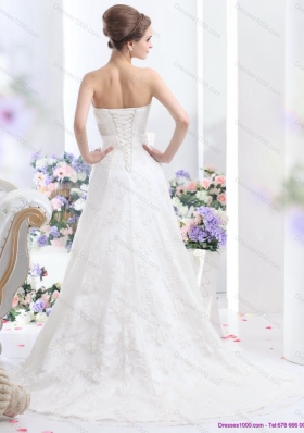 White Strapless Laced Wedding Dresses with Bownot and Brush Train