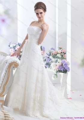 White Strapless Laced Wedding Dresses with Bownot and Brush Train