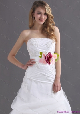 2015 A-Line Ruffles Strapless White Wedding Dresses with Hand Made Flower