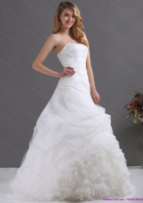 2015 A-Line Ruffles Strapless White Wedding Dresses with Hand Made Flower