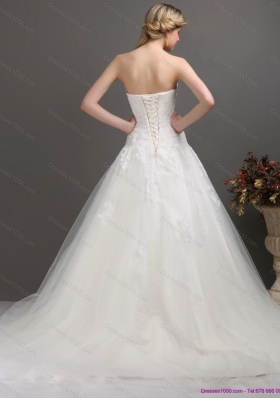 2015 A-Line  Strapless Brush Train Wedding Dress with Beading