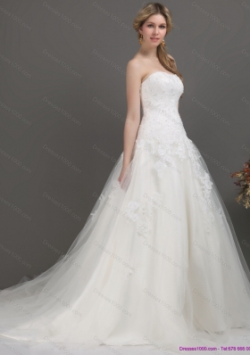 2015 A-Line  Strapless Brush Train Wedding Dress with Beading