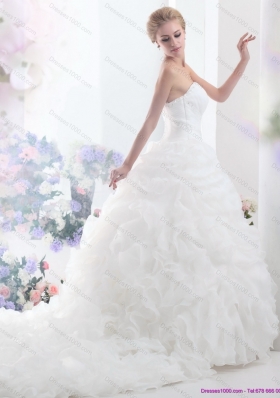 2015 A-Line Sweetheart Ruffles and Beading White Wedding Dresses with Brush Train