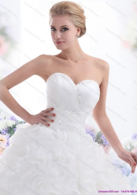 2015 A-Line Sweetheart Ruffles and Beading White Wedding Dresses with Brush Train