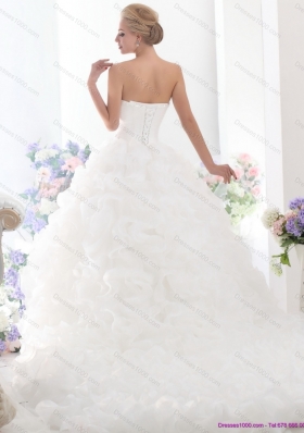 2015 A-Line Sweetheart Ruffles and Beading White Wedding Dresses with Brush Train