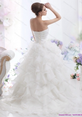 A-Line  Beading and Ruffled Layers Brush Train Wedding Dresses in White