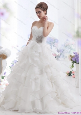 A-Line  Beading and Ruffled Layers Brush Train Wedding Dresses in White
