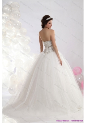 A-Line Ruffled White Sweetheart Wedding Dresses with Brush Train and Rhinestone