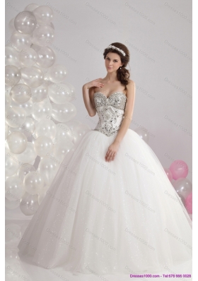 A-Line Ruffled White Sweetheart Wedding Dresses with Brush Train and Rhinestone