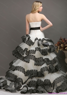 A-Line Sash and Lace Strapless 2015 Wedding Dresses in White and Black