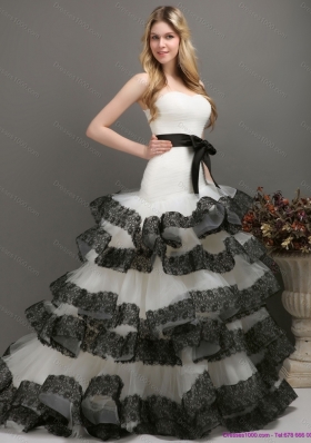 A-Line Sash and Lace Strapless 2015 Wedding Dresses in White and Black