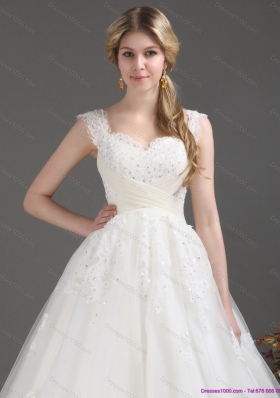 A-Line Sequines Lace Sweetheart White Wedding Dresses with Brush Train