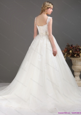 A-Line Sequines Lace Sweetheart White Wedding Dresses with Brush Train