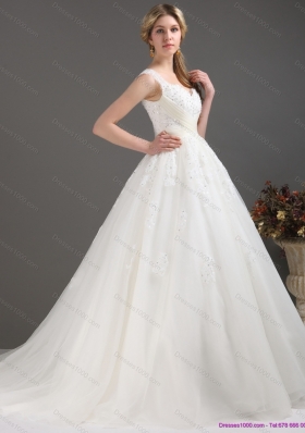 A-Line Sequines Lace Sweetheart White Wedding Dresses with Brush Train