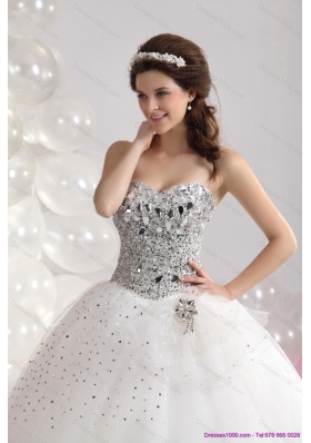 A-Line White Floor Length 2015 Unique Wedding Dresses with  Rhinestones