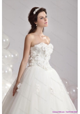 A-Line White Strapless Bridal Dresses with Beading and Hand Made Flowers