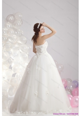 A-Line White Strapless Bridal Dresses with Beading and Hand Made Flowers