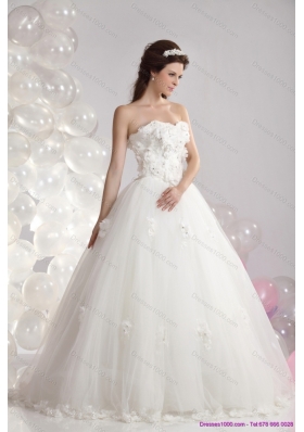 A-Line White Strapless Bridal Dresses with Beading and Hand Made Flowers