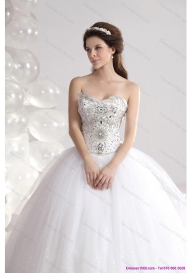 A-Line White Sweetheart Rhinestones Bridal Gowns with Brush Train